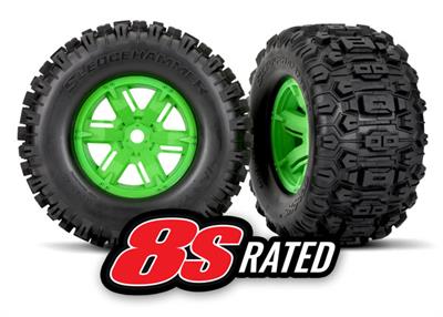 Traxxas - TRX7774G - Tires & wheels, assembled, glued (X-Maxx® green wheels, Sledgehammer® tires, foam inserts) (left & right) (2)