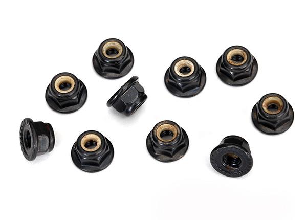 Traxxas - TRX8347 - 4mm Møtrikker med nylonlås, flanged, serrated (Sort) - 10 stk