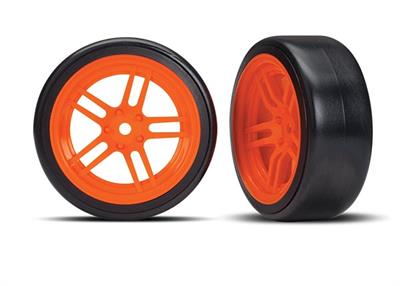 Traxxas - TRX8376A - Tires & wheels, assembled, glued (split-spoke orange wheels, 1.9" Drift tires) (front)