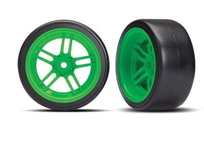 Traxxas - TRX8377G - Tires & wheels, assembled, glued (split-spoke green wheels, 1.9" Drift tires) (rear)