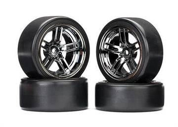 Traxxas - TRX8378 - Tires & wheels, assembled, glued (split-spoke black chrome wheels, 1.9" Drift tires) (front and rear)