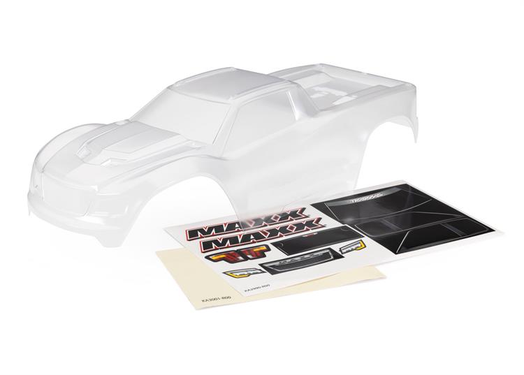 Traxxas - TRX8824 - Body, Maxx®, heavy duty (clear, requires painting)/ window masks/ decal sheet (fits Maxx® with extended chassis (352mm wheelbase)