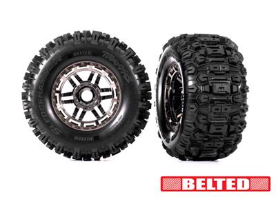 Traxxas - TRX8979A - Tires & wheels, assembled, glued (black chrome wheels, belted Sledgehammer® All-Terrain tires, dual profile (2.9" outer, 3.8" in