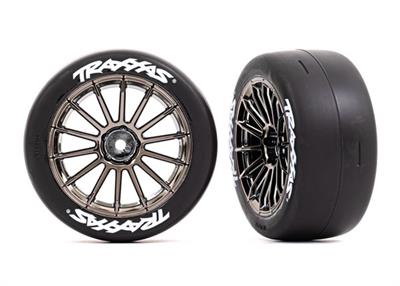 Traxxas - TRX9374R - Tires & wheels, assembled, glued (multi-spoke black chrome wheels, 2.0" slick tires with Traxxas® logo, foam inserts) (front) (2