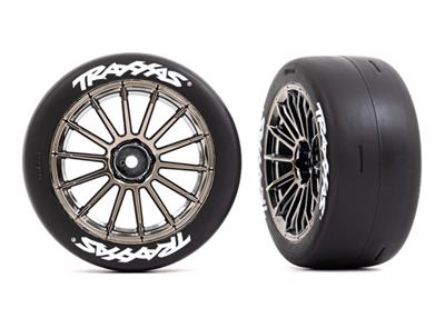 Traxxas - TRX9375R - Tires & wheels, assembled, glued (multi-spoke black chrome wheels, 2.0" slick tires with Traxxas® logo, foam inserts) (rear) (2)