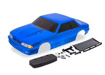 Body, Ford Mustang, Fox Body, blue (painted, decals applied) (includes side mirrors, wing, wing retainer, rear body mount posts,