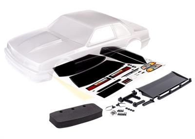 Body, Ford Mustang, Fox Body (clear, requires painting)/ window masks/ decal sheet (includes side mirrors, wing, wing retainer, r