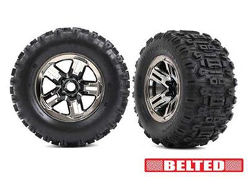 Traxxas - TRX9573A - Tires & wheels, assembled, glued (3.8" black chrome wheels, belted Sledgehammer® tires, foam inserts) (2)