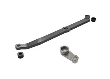 Steering link, 6061-T6 aluminum (dark titanium-anodized)/ servo horn, metal/ spacers (2)/ 3x6mm CCS (with threadlock) (1)/ 2