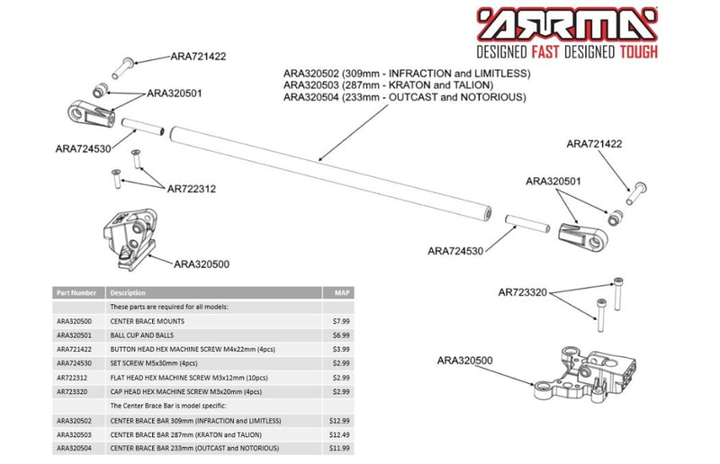 Arrma - ARA320504 - CENTER BRACE BAR 233MM