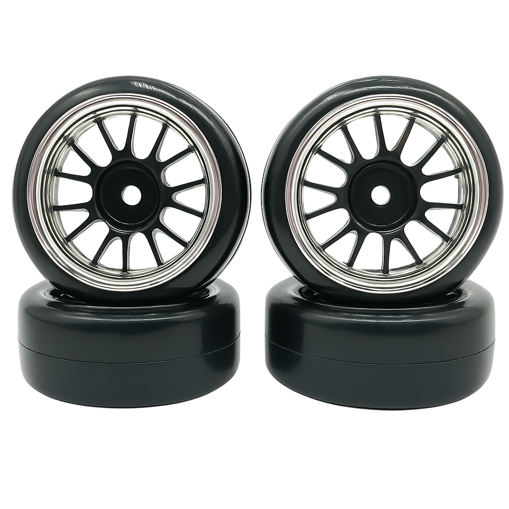 1/10 Driftdæk på 26 mm Chrome/ sorte fælge - 4 stk