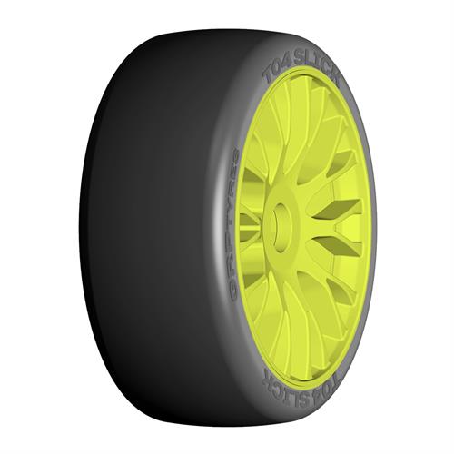 GRP - GTY04-XM7 - 1:8 GT - T04 SLICK - XM7 MediumHard -  Mounted on New 20 Spoked FLEX Yellow Wheel - 1 Pair