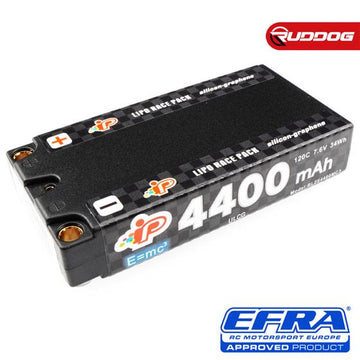 7.6V Lipo Batteri med 4400mAh lav shorty hardcase med 120C og 5mm guldstik
