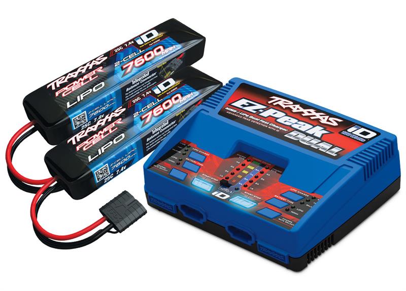 Traxxas - TRX2991GX - 8A dobbelt ID oplader (TRX2972) med 2 x 7,4V, 7600 mAh, 25C Lipo batteri med ID (TRX2869X)