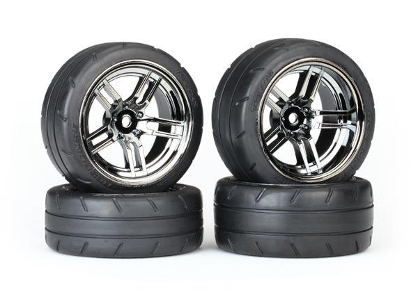 Traxxas - TRX8375 - Tires & wheels, assembled, glued (split-spoke black chrome wheels, 1.9" Response tires, foam inserts) (front (2), rear (extra wide